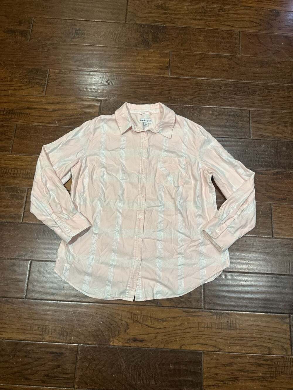 Ava & Viv Women's Plus Size 1X Pink and Metallic Silver Plaid Long Sleeve Button